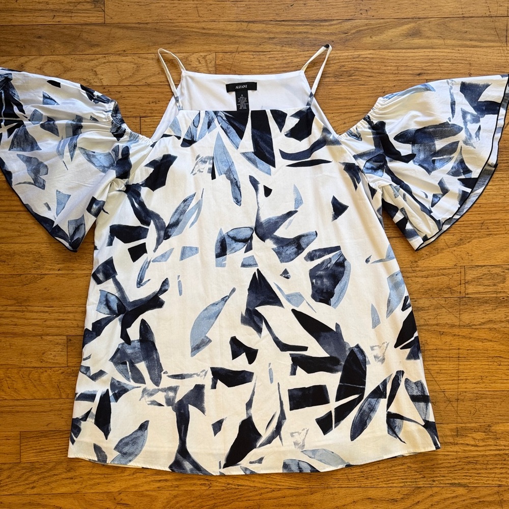 NWOT! Alfani Navy and White Cold Shoulder Blouse